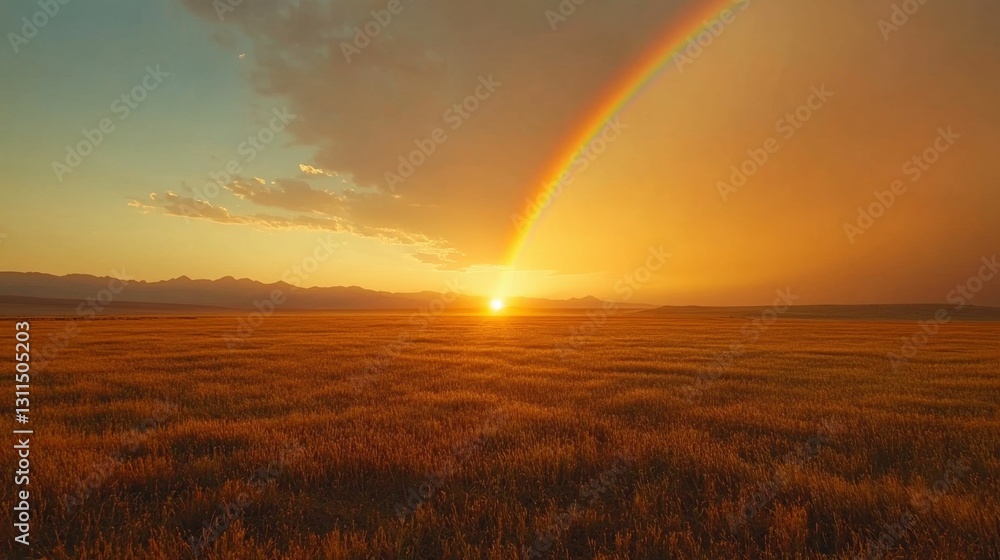 Scenic view of a golden field with a rainbow arching over the horizon, bright natural colors, serene and picturesque rural scene Scenic view of a golden field with a rainbow arching over the horizon, bright natural colors, serene and picturesque rural scene