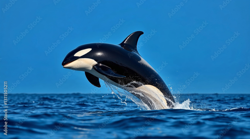 Fototapeta premium orca whale jumps out of the water with blue sky