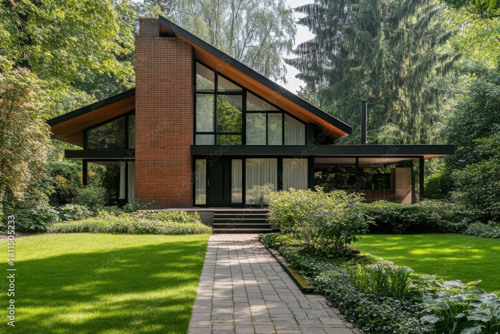 Modern architectural design showcased in a striking house surrounded by lush greenery and tall trees during a sunny day in a serene neighborhood Modern architectural design showcased in a striking house surrounded by lush greenery and tall trees during a sunny day in a serene neighborhood