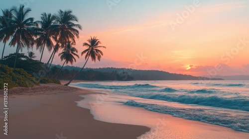 Scenic sunset view of a tropical beach with palm trees silhouetted against the vibrant orange and pink sky, serene and picturesque, natural composition