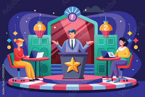 A vibrant quiz show setup displays two contestants seated with laptops as a host engages them enthusiastically, Quiz show Customizable Flat Illustration
