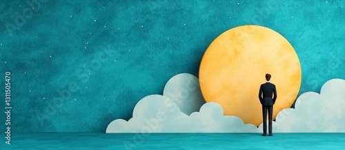 Man standing on ground gazing upwards at a giant yellow moon in the night sky creating a captivating scene