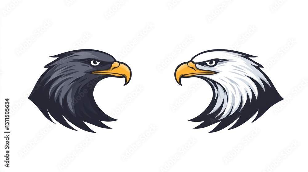 Fototapeta premium Two eagle heads, profile view, graphic design, stock photo