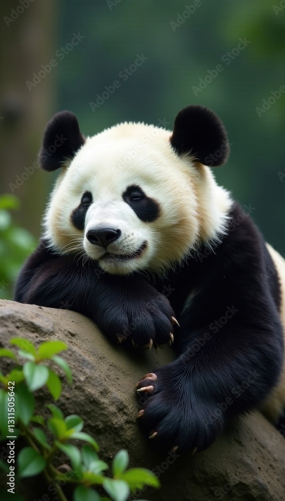 Giant panda soundly sleeping, sprawled on rock, calm, mammal, forest Giant panda soundly sleeping, sprawled on rock, calm, mammal, forest