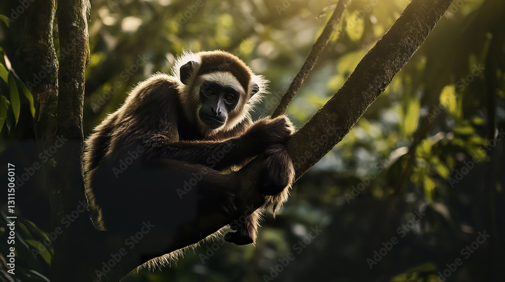 Naklejka premium gibbon rests high in treetops, dappled sunlight illuminating its fur