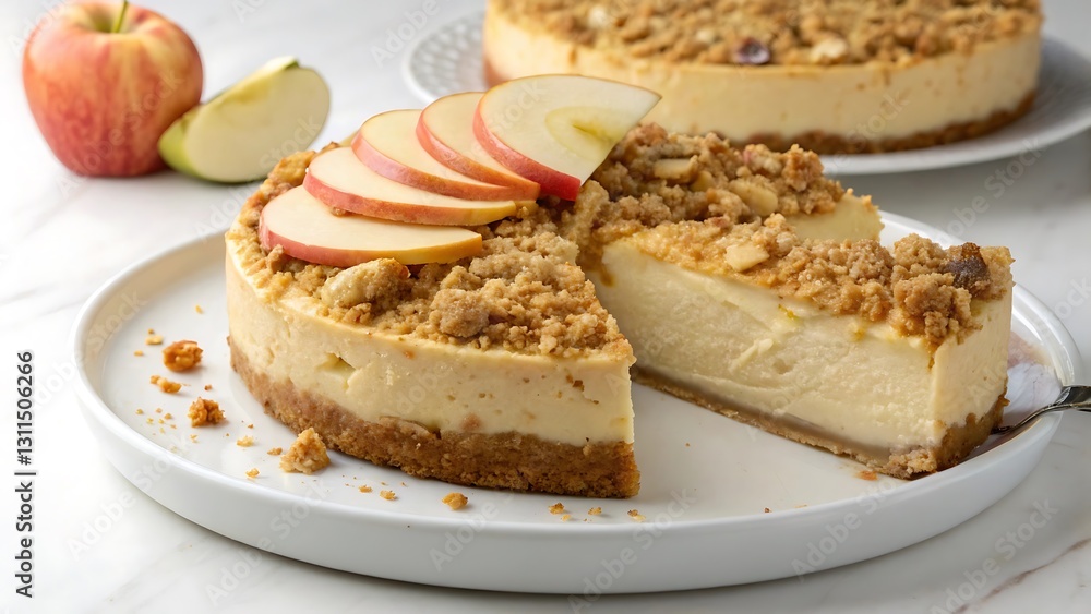 Apple Crumble Cheesecake with Golden Topping and Fresh Apple Slices Apple Crumble Cheesecake with Golden Topping and Fresh Apple Slices
