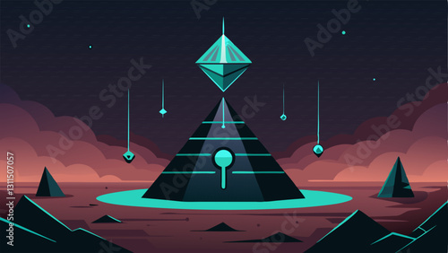 TechnoArcane Balance A futuristic pyramid with intricate circuitlike designs floats effortlessly above rocky terrain. Glowing pulsating energy beams rise from various angles of the