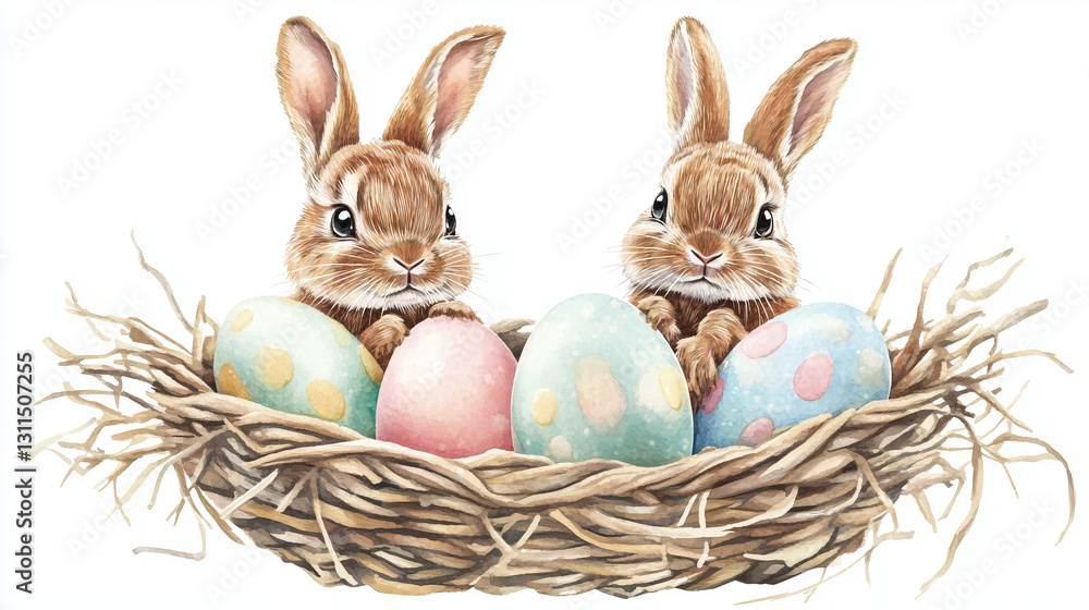 rabbits sitting in a basket with Easter eggs on a white background rabbits sitting in a basket with Easter eggs on a white background
