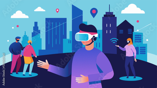 Virtual Reality Simulation A graphic depicting urban planners wearing VR headsets interacting with a virtual model of the city that displays potential new developments and