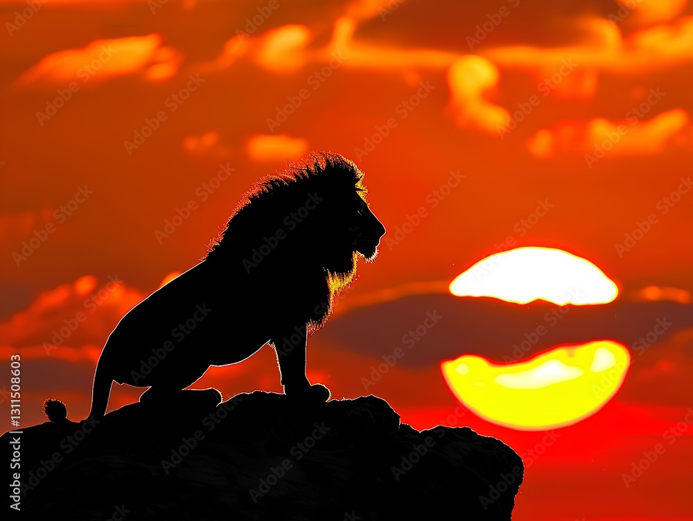 Silhouette of a Lion on a rock at sunset