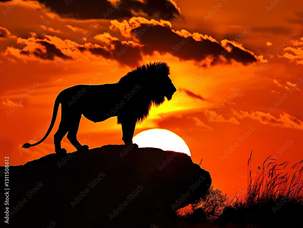 Silhouette of a Lion on a rock at sunset