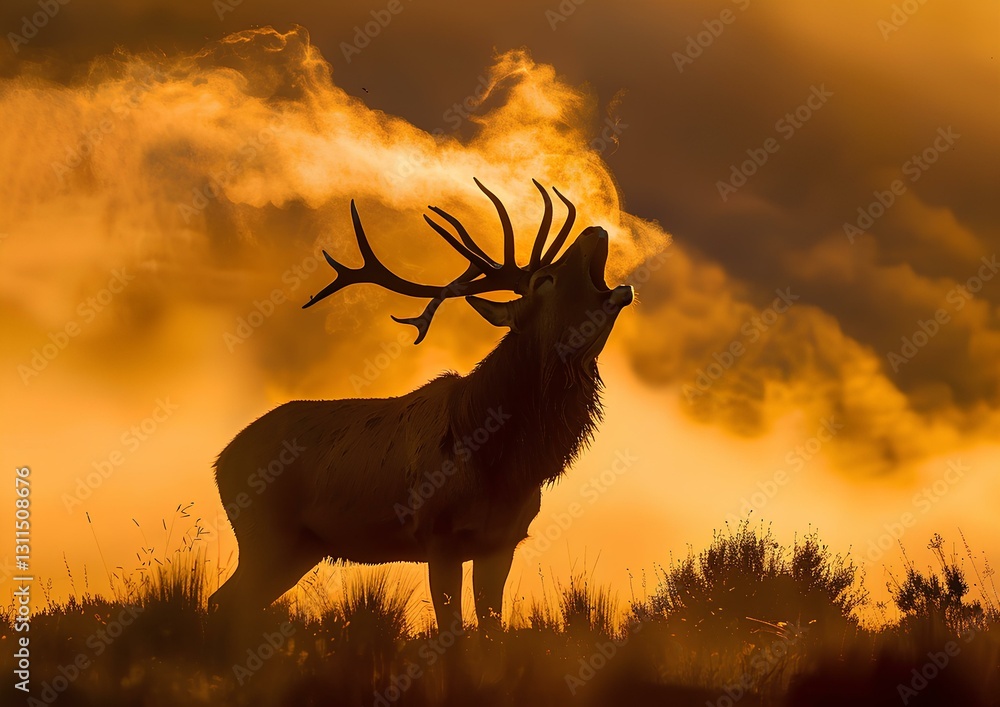 silhouette of red deer stag roaring in the mist at sunrise