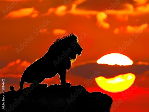 Silhouette of a Lion on a rock at sunset