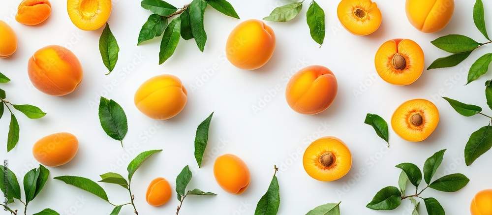 Vibrant orange apricots arranged with green leaves on a white background showcasing a top view flat lay ideal for summer-themed designs. Vibrant orange apricots arranged with green leaves on a white background showcasing a top view flat lay ideal for summer-themed designs.