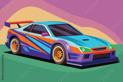 A detailed illustration of a customizable flat race car showcases bright colors and dynamic design features, Race car Customizable Flat Illustration