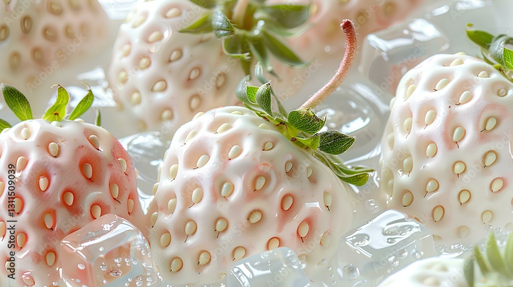 white strawberry and water, ice cubes, with a light whtie and transparent texture