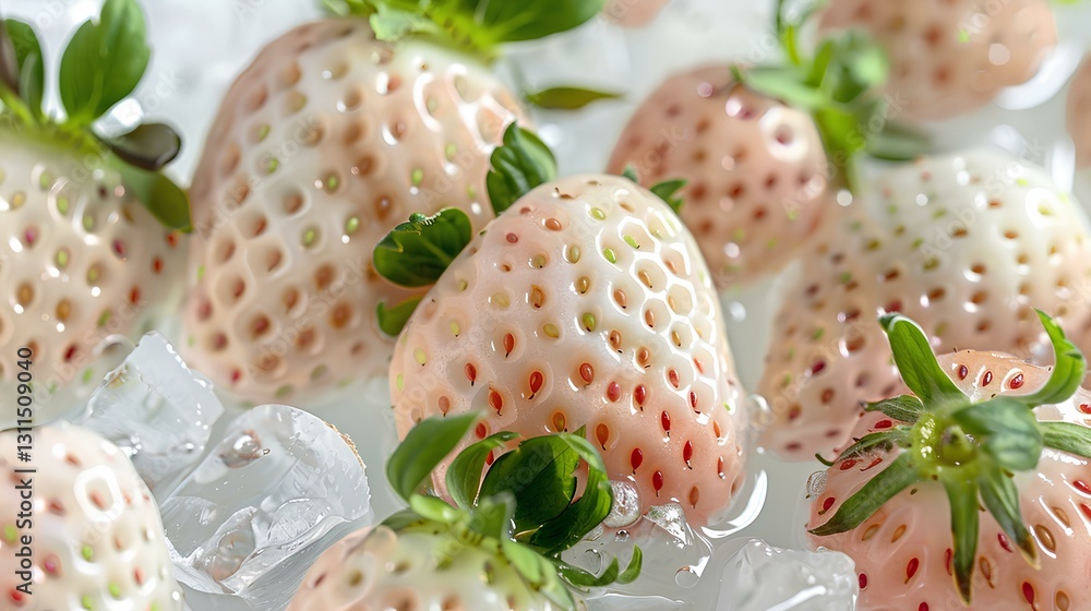 white strawberry and water, ice cubes, with a light whtie and transparent texture