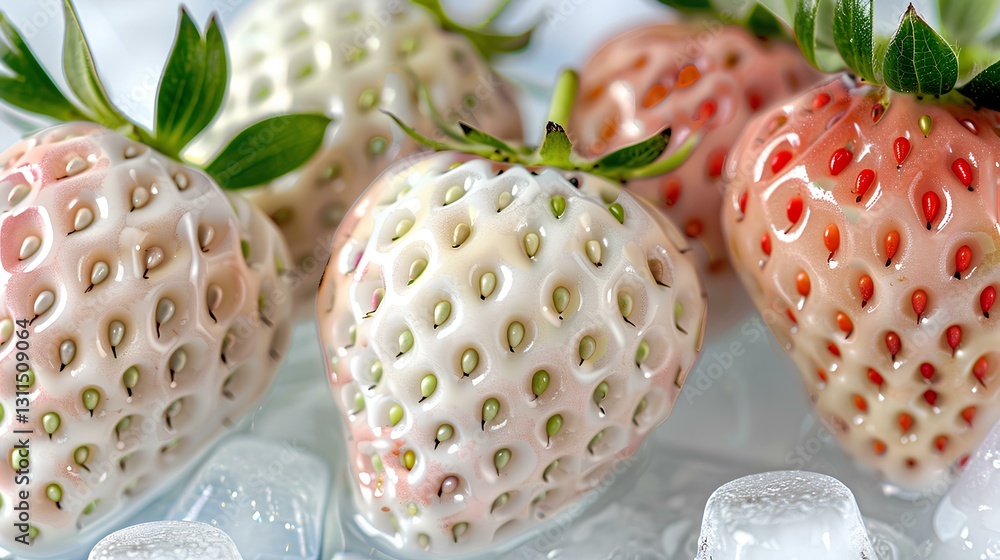white strawberry and water, ice cubes, with a light whtie and transparent texture