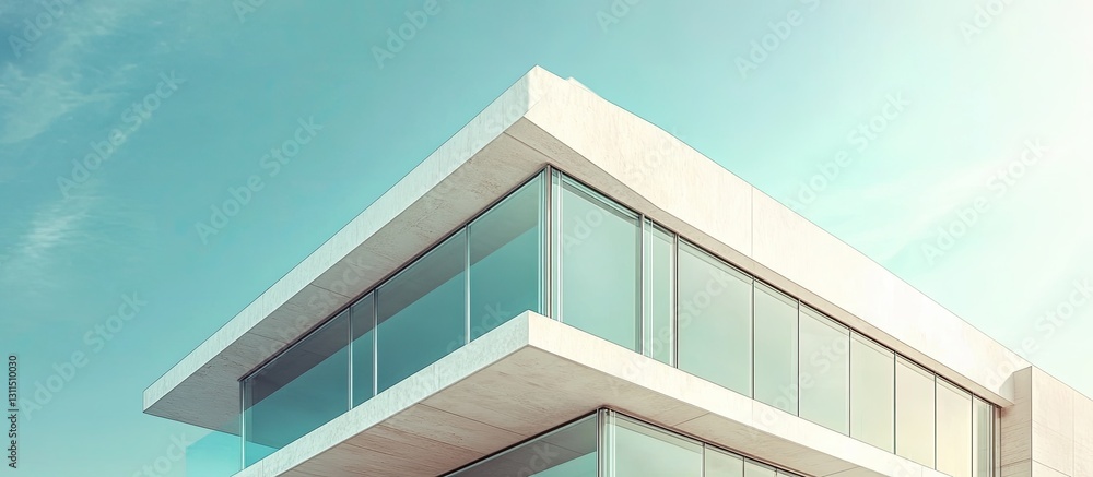 Sleek modern building with sharp angles and large glass windows against a light turquoise sky highlighting contemporary architectural design. Sleek modern building with sharp angles and large glass windows against a light turquoise sky highlighting contemporary architectural design.