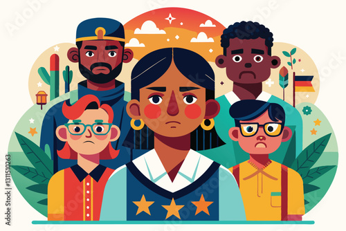 Five characters stand united, each displaying distinct emotions regarding racism's impact on society, Racism Customizable Disproportionate Illustration