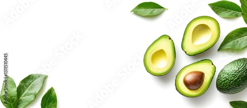 Wallpaper Mural Halved avocados with creamy green flesh and brown seed positioned on the left with fresh green leaves on a white background ideal for healthy diet concepts Torontodigital.ca