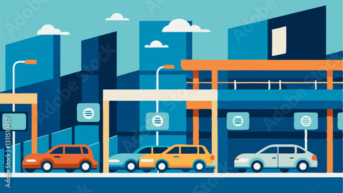 Urban Parking Garage A multilevel parking structure where multiple electric vehicles are charging with clear signage indicating EV charging spots and stylish architectural