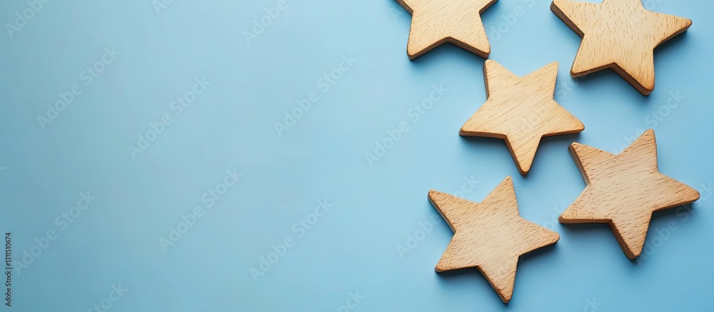 Wooden stars arranged on a light blue background creating a minimalist Christmas theme with ample negative space for text or overlay. Wooden stars arranged on a light blue background creating a minimalist Christmas theme with ample negative space for text or overlay.
