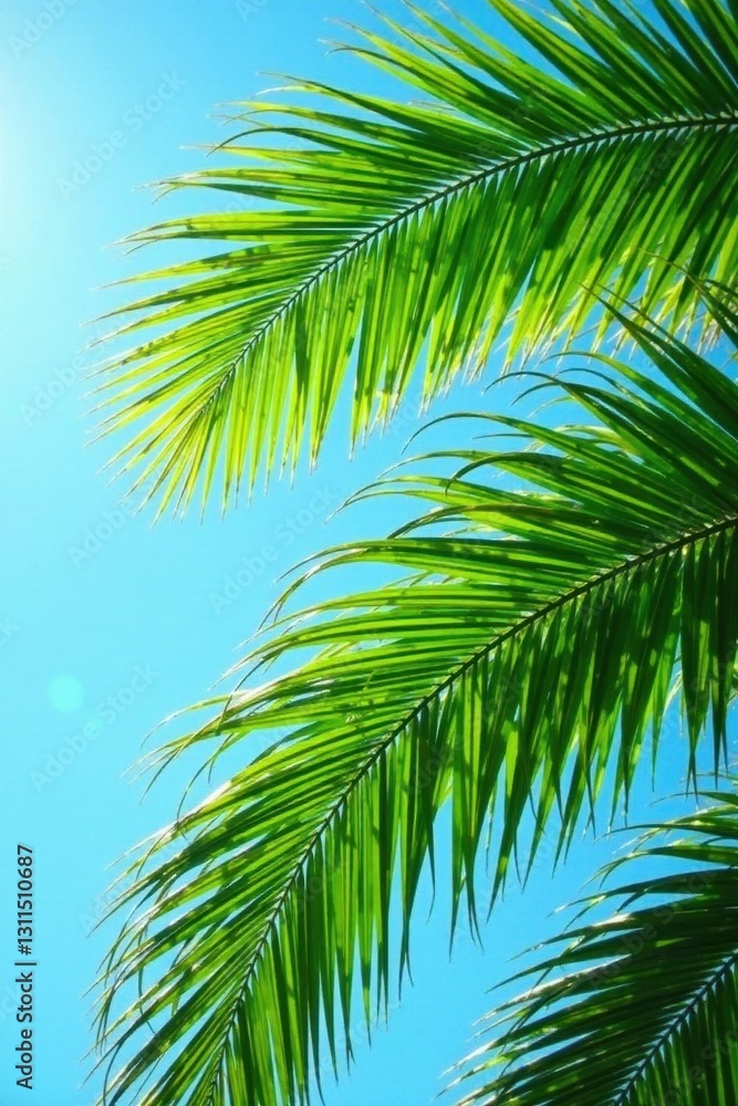 Lush green palm fronds sway gently under vibrant blue skies, sunlit , vacation, warmth, beach Lush green palm fronds sway gently under vibrant blue skies, sunlit , vacation, warmth, beach