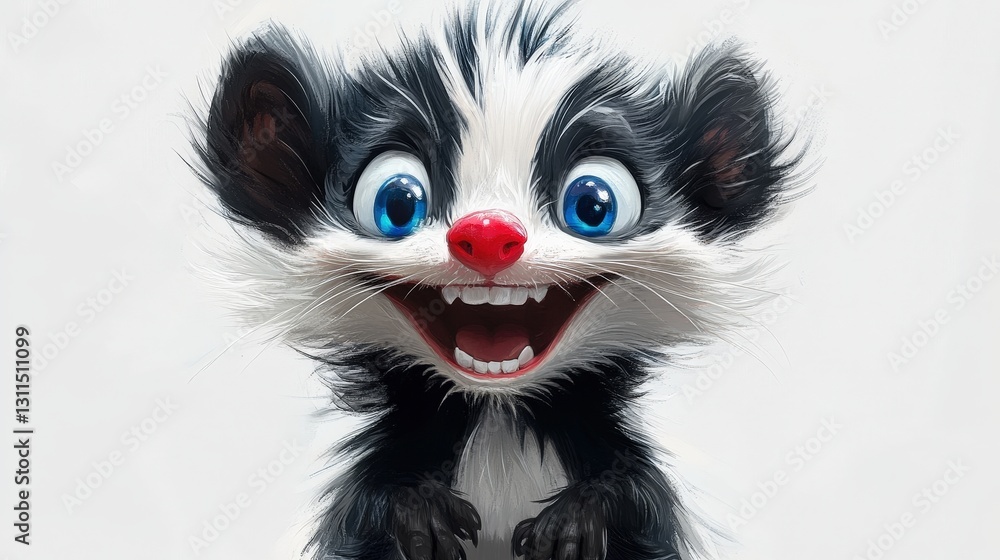 Playful black-and-white skunk grins with bright blue eyes and vivid red nose, capturing an animated and charming expression Playful black-and-white skunk grins with bright blue eyes and vivid red nose, capturing an animated and charming expression