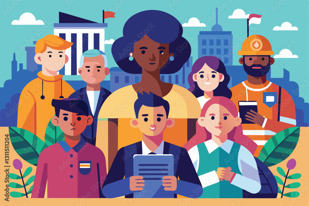 A group of individuals representing various backgrounds unite in a city to address and challenge racism, Racism Customizable Semi Flat Illustration A group of individuals representing various backgrounds unite in a city to address and challenge racism, Racism Customizable Semi Flat Illustration