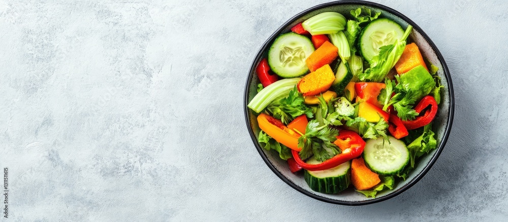Fresh colorful vegetable salad featuring bell pepper cucumber carrot and celery in a black bowl on light stone background with ample empty space Fresh colorful vegetable salad featuring bell pepper cucumber carrot and celery in a black bowl on light stone background with ample empty space