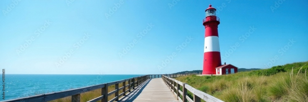 Striped lighthouse, wooden walkway, blue summer sky, landscape, blue Striped lighthouse, wooden walkway, blue summer sky, landscape, blue