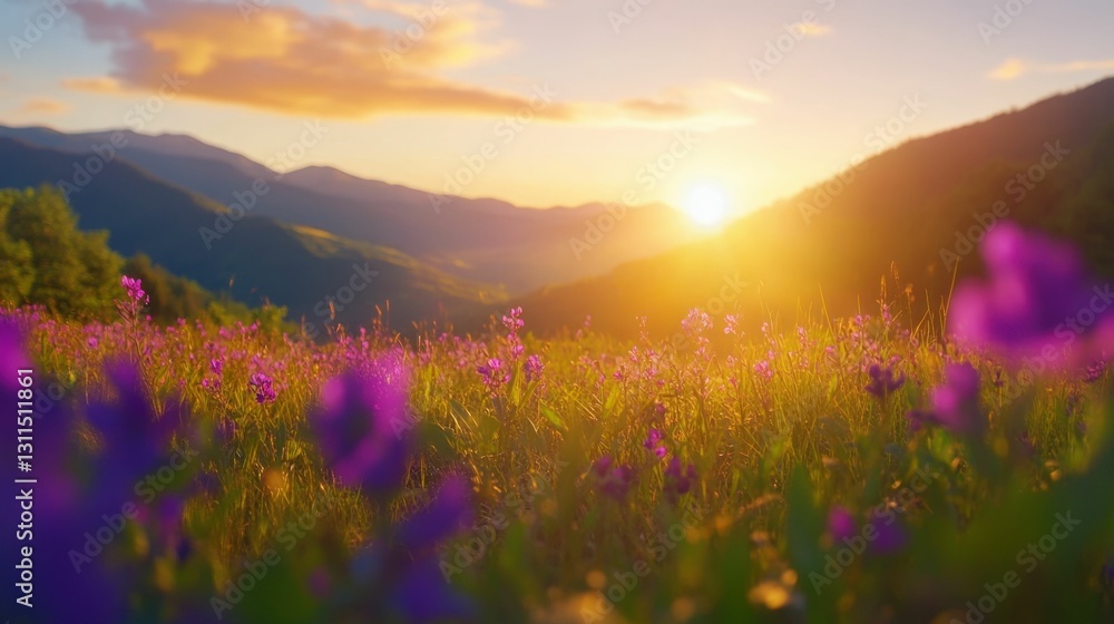 Obraz premium Mountain landscape at sunrise, lush meadows with vibrant purple flowers, soft golden light, peaceful atmosphere