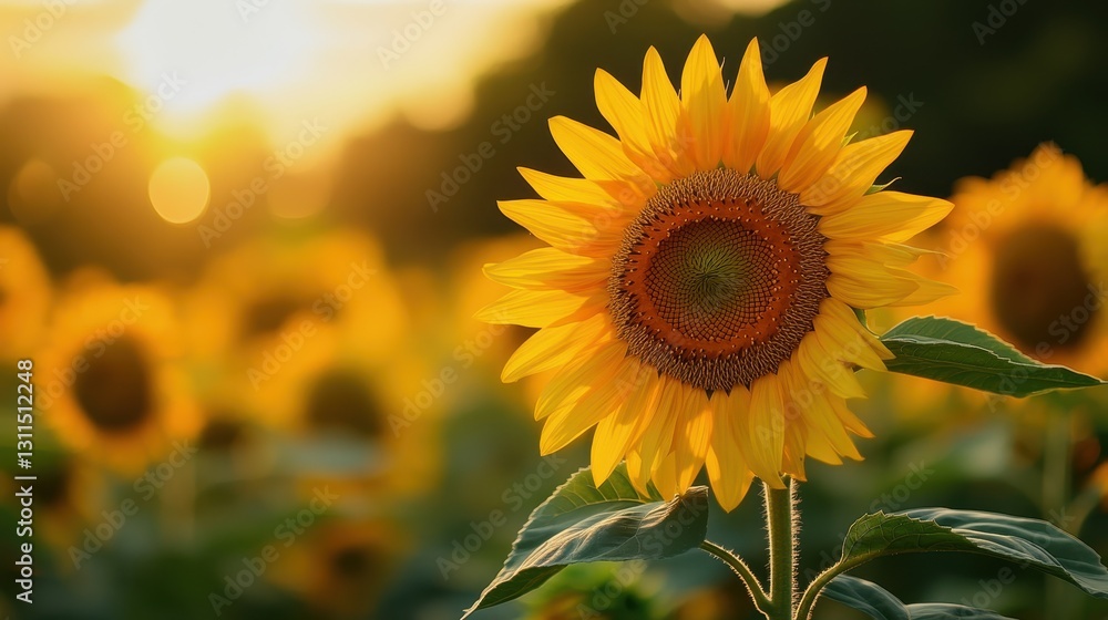 Obraz premium Vibrant Yellow Sunflower in a Field at Sunset