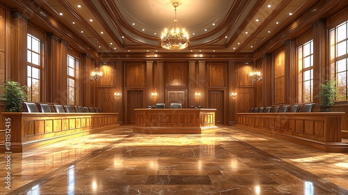 Elegant wooden courtroom interior with polished marble floor and natural light streaming in