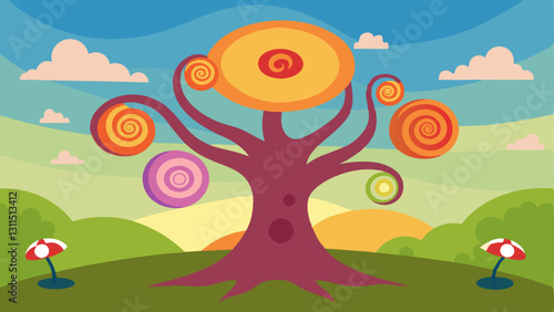 Tree of Time A gigantic tree with a spiral trunk its branches adorned with clocks instead of leaves. The ground is covered with vibrant grass and oversized multicolored mushrooms.