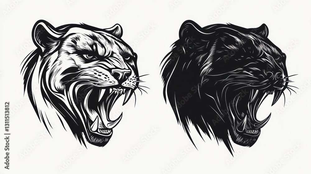 Roaring panther heads, monochrome art, white background, tattoo design Roaring panther heads, monochrome art, white background, tattoo design