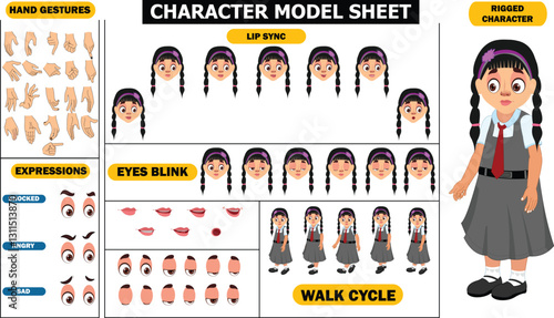 Cartoon little school girl character constructor with gestures and emotions. Child mascot front view, body parts for animation and walk cycle vector set. character girl pose and gesture