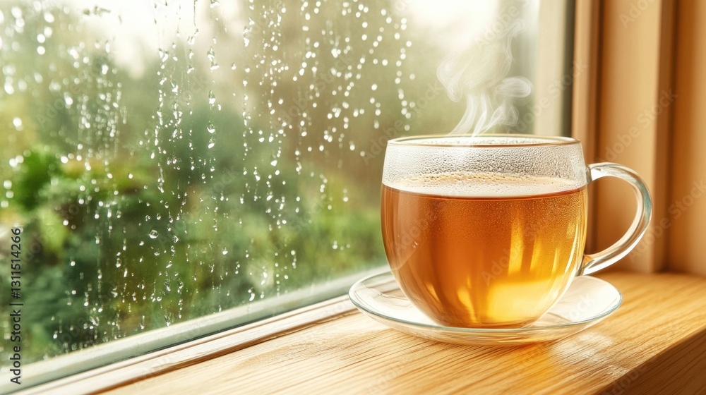 Enjoying a warm cup of tea on a wooden windowsill while raindrops create a cozy ambiance in soft daylight Enjoying a warm cup of tea on a wooden windowsill while raindrops create a cozy ambiance in soft daylight