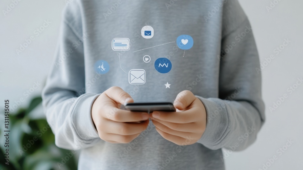 Child touching smartphone screen, displaying floating holographic icons representing messaging, settings, confirmation, and emotional connection social media Child touching smartphone screen, displaying floating holographic icons representing messaging, settings, confirmation, and emotional connection social media