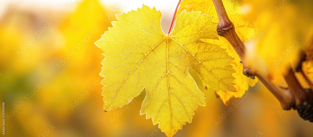 Vibrant golden autumn grape leaf close up highlighting intricate veins positioned center with a blurred yellow background creating a warm ambiance Vibrant golden autumn grape leaf close up highlighting intricate veins positioned center with a blurred yellow background creating a warm ambiance
