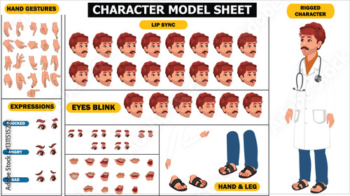 Doctor male character, doctor spritesheet and modelsheet, ready to use for animation with lip sync, eyes blink, hand gesture and face expressions