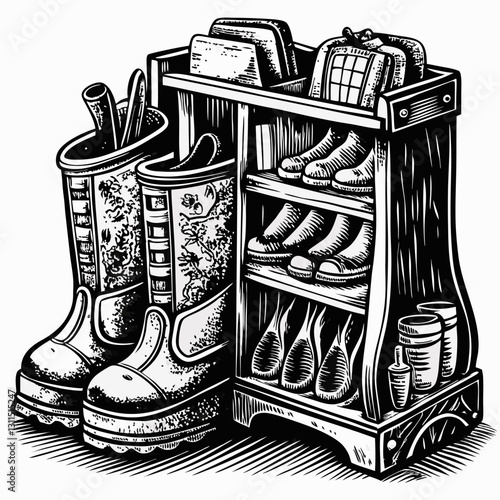 Vintage Gardening Boots and Storage Shelf  Illustration