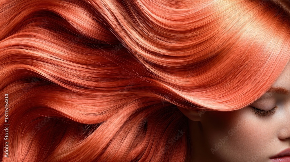 Redheaded model displaying luxurious, windswept hair Curly Rose Gold, embodying elegance with vibrant, dynamic beauty Redheaded model displaying luxurious, windswept hair Curly Rose Gold, embodying elegance with vibrant, dynamic beauty