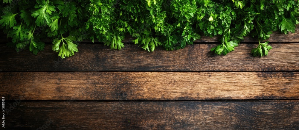 Fresh green parsley leaves cascading over a rustic wooden table background with a horizontal layout and ample copyspace for text placement. Fresh green parsley leaves cascading over a rustic wooden table background with a horizontal layout and ample copyspace for text placement.