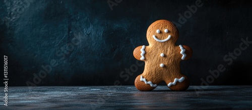 Gingerbread man standing on a textured surface with a dark backdrop highlighting its golden brown color and white icing details showcasing space for text