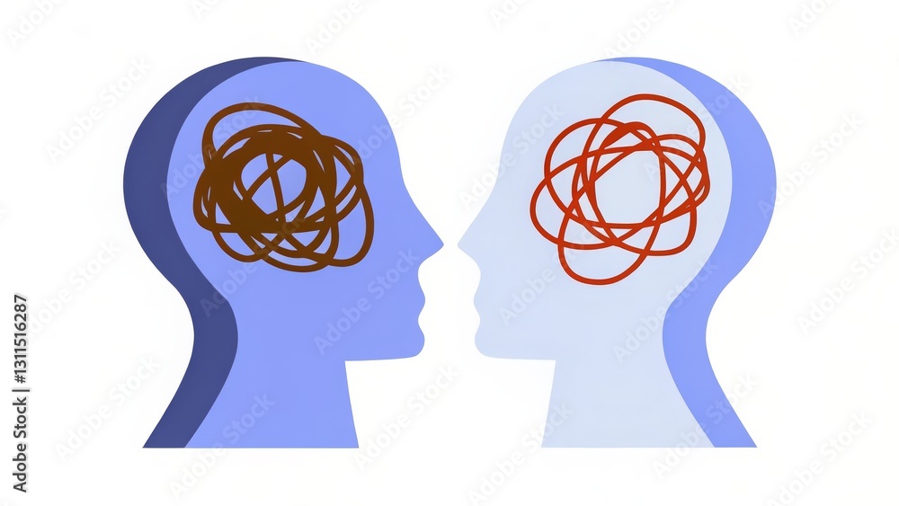Two stylized human heads face each other, each depicting a different mental state through abstract, tangled lines representing thoughts. Two stylized human heads face each other, each depicting a different mental state through abstract, tangled lines representing thoughts.