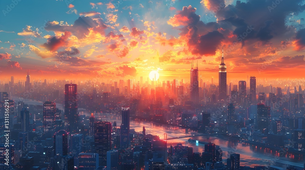 Obraz premium Breathtaking Futuristic City Skyline with Dramatic Sunset Glow and Skyscraper Reflections on River