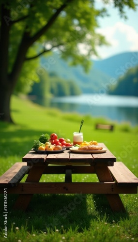 Wooden picnic table laden with food, scenic backdrop, mountains, picnic, lunch