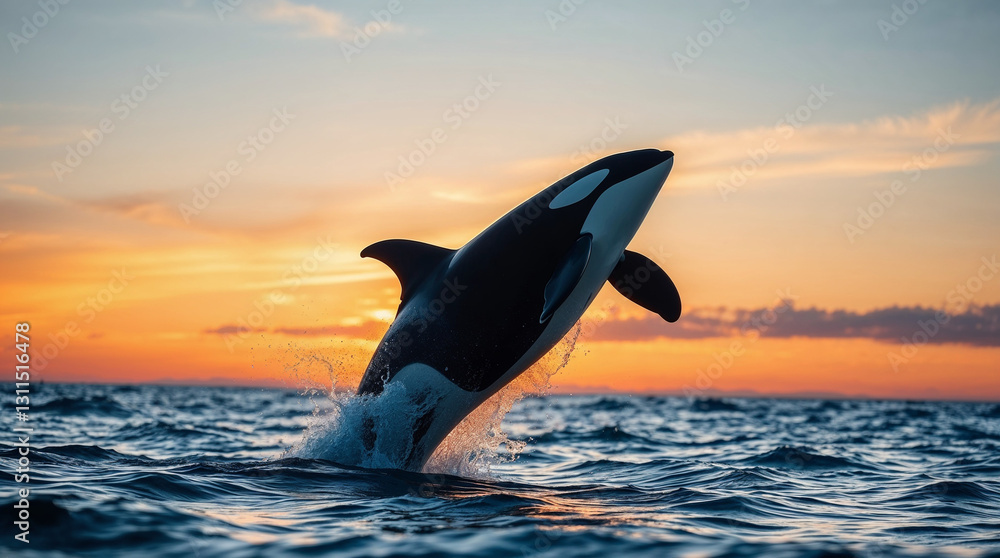Fototapeta premium orca whale jumps out of the water at sunset